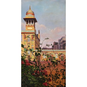 S. M. Fawad, Wazir Khan Mosque Lahore, 36 x 18 Inch, Oil on Canvas, Realistic Painting, AC-SMF-131